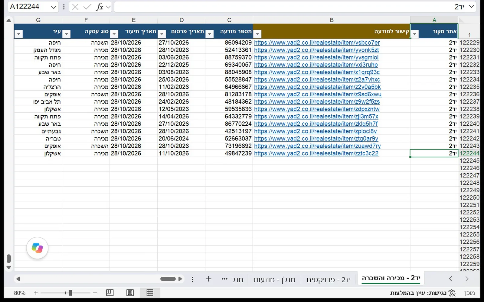 All Yad2 and Madlan Listings in One Excel File - 1